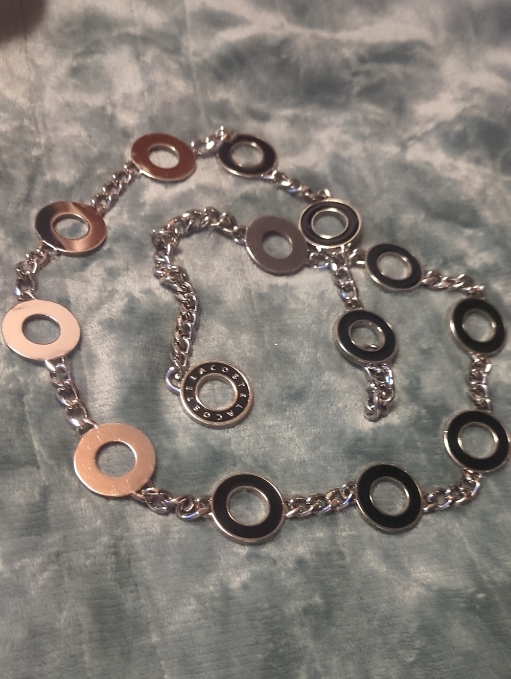 36-Lacoste Silver-Tone Circle Link Belt. Small size. Pre-loved.